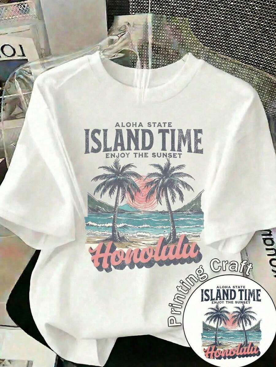 Camiseta Blanca Casual para Mujer con Estampado de Tortuga Verde, Cuello Redondo, Manga Corta, Top de Poliéster para un Estilo Veraniego SDRB - Blanco - Ver 1