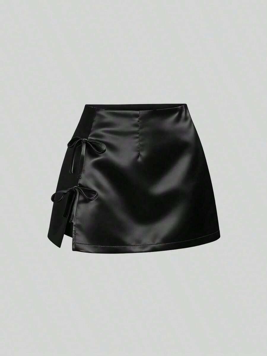 Minifalda de satén rosa con abertura y lazo, estilo A-line, sexy, adecuada para uso diario - Negro - Ver 1