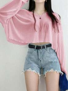 Camiseta corta de mujer de unicolor con cuello en V holgado, blusas de mujer de manga larga para primavera/verano, ropa de mujer para otoño - Rosa - Ver 6