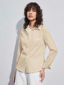 de mujer de manga larga con cuello vuelto, estilo urbano básico para ir al trabajo, conjunto de negocios casual elegante y minimalista, adecuado para maestras y oficina, otoño - Albaricoque - Ver 5