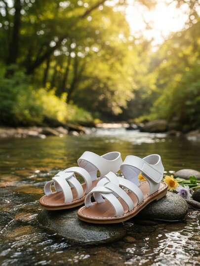 1 Pair Beige Cute Criss-Cross Woven Design Fashion Kids Shoes, Retro Convenient Hook And Loop Design Lightweight Casual Children Sandals, Non-Slip Durable Rubber Sole, Suitable For Boys And Girls, Sports Sandals For 3-16 Years Old Students Daily Life, Street, Holiday, Beach, 2026 Spring/Summer New Arrival