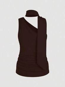 Camiseta sin mangas de mujer de unicolor, con cuello alto, pliegues calados - Marrón - Ver 2