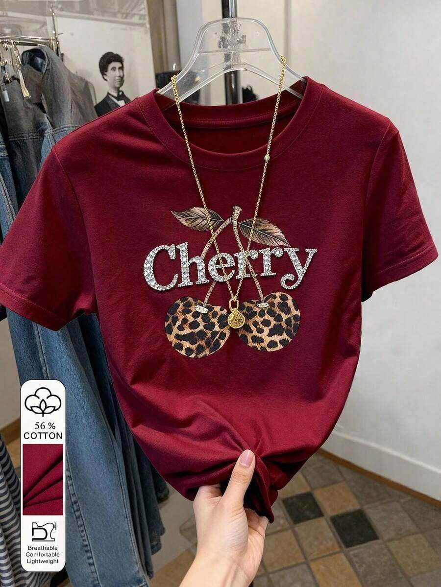 Camiseta de mujer de manga corta y cuello redondo casual de 56% algodón con estampado de leopardo y cereza, regalo para amigos - Burdeos - Ver 1