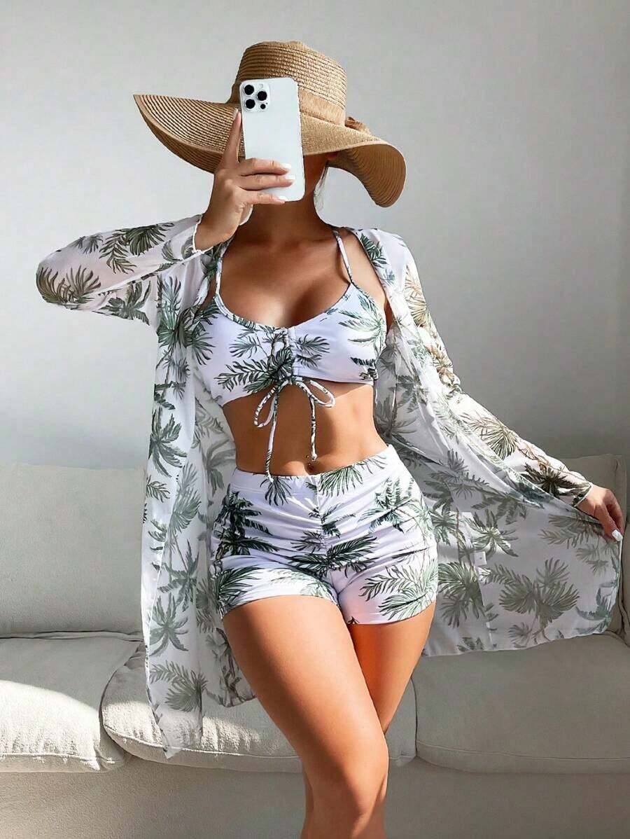 Conjunto de bikini con estampado tropical de tres piezas sujetador de empuje y bottom de bikini tipo hipster y kimono para mujer estilo vacaciones de verano en la playa - Verde Oliva - Ver 1