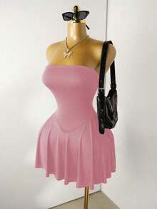 Vestido mini sin tirantes con dobladillo de volantes para mujer - Rosa Pálido - Ver 8