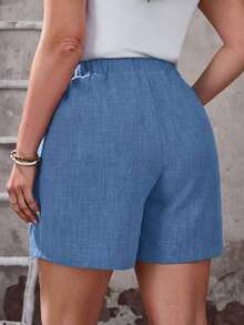 Pantalones cortos de verano de color azul marino sólido con bolsillos para mujeres de talla grande, vacaciones de verano, vacaciones de primavera, vacaciones para mujeres, salir, 2026 nuevo, simple y de moda para uso diario, pantalones cortos b - Azul - Ver 2