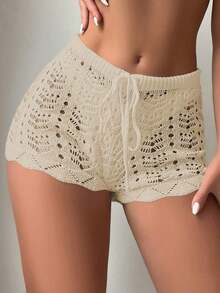 Shorts de cobertura con cintura con cordón y diseño hueco para mujer, ideales para vacaciones - Albaricoque - Ver 7