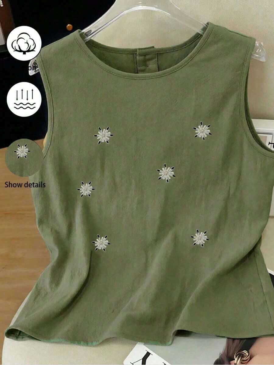 de lino sin mangas con bordado francés para mujer - Verde militar - Ver 1