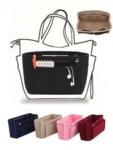 1 pieza Bolsa de maquillaje de fieltro con múltiples compartimentos y gran capacidad, puede almacenar cosméticos, llaves, teléfonos, lápices labiales, accesorio de viaje portátil y de moda - Multicolor - Ver 1