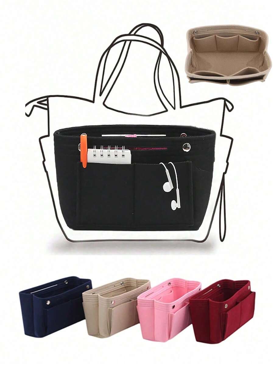 1 pieza Bolsa de maquillaje de fieltro con múltiples compartimentos y gran capacidad, puede almacenar cosméticos, llaves, teléfonos, lápices labiales, accesorio de viaje portátil y de moda - Multicolor - Ver 1