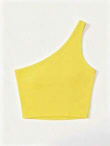 Top de hombro único femenino de unicolor y ajuste elegante y sencillo para el verano - Amarillo - Ver 2