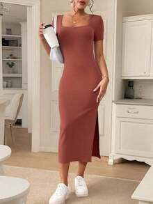 Frenchy Vestido elegante de unicolor de manga corta con abertura simple para mujeres - Naranja Quemada - Ver 4