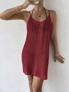 Vestido cover up tejido con abertura sin bikini - Rojo - Ver 7