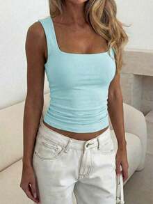 Camiseta sin mangas ajustada de unicolor con cuello cuadrado para mujer , Chaleco de unicolor minimalista y retro, Camiseta de punto sin espalda de moda de verano, Versátil y casual, Adecuado para el trabajo y el transporte - verde menta - Ver 4