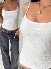 Camiseta de mujer nueva con encaje y aplicación de lentejuelas, ropa de calle sexy - Blanco - Ver 1