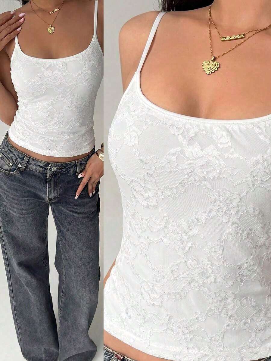 Camiseta de mujer nueva con encaje y aplicación de lentejuelas, ropa de calle sexy - Blanco - Ver 1