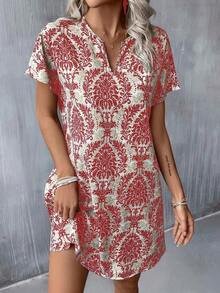 Vestido casual de mujer con estampado floral, cuello en V y manga corta para vacaciones - Rojo y blanco - Ver 6