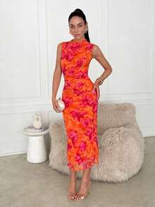 Vestido midi de Body con estampado abstracto rojo sin mangas, adecuado para el verano - Naranja Quemada - Ver 5