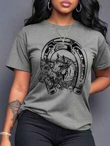 Camiseta de mujer con estampado de caballo de dibujos animados y cuello redondo, camisetas gráficas de mujer - Gris - Ver 5