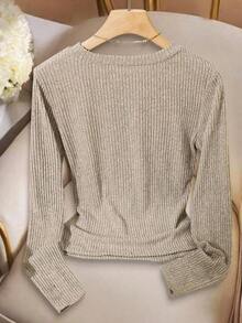 Elegante camiseta de punto de cuello redondo, top de punto minimalista de moda, otoño/invierno - Gris Claro - Ver 2