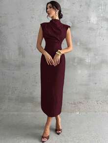 Vestido largo de mujer elegante y casual para uso diario, viajes y moda, con cuello mao, mangas drapeadas y cintura ceñida en color albaricoque - Burdeos - Ver 3