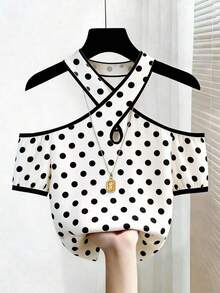 Camiseta de moda con escote descubierto y ribete de contraste para mujer, de verano - Multicolor - Ver 7