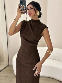 Vestido largo de mujer elegante y casual para uso diario, viajes y moda, con cuello mao, mangas drapeadas y cintura ceñida en color albaricoque - Cafetería - Ver 1