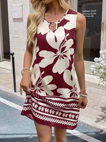 Vestido de verano casual con estampado tropical para vacaciones de mujer - Rojo - Ver 7
