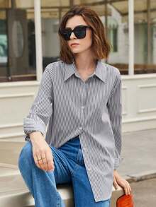 Camisa de mujer de manga larga con hombros caídos y rayas, estilo básico urbano y de commuter, moda simple y elegante, adecuada para vestimenta casual de negocios, oficina, profesora - Gris 2 - Ver 8