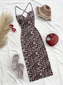Vestido informal y romántico para vacaciones con estampado de leopardo, cuello drapeado, espalda descubierta y lazada - Multicolor 2 - Ver 7
