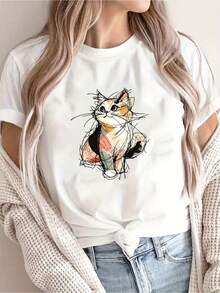 Short-Sleeved T-Shirt With A Round Neck And A Cat Print Inspired By  Cartoons; Casual And Fashionable, Comfortable And Refreshing, Suitable For Various Occasions Such As Parties, Gatherings, And Travel. 15207 - 白色 - 查看 1
