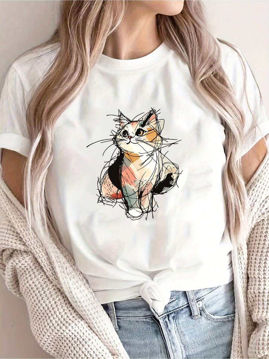 Short-Sleeved T-Shirt With A Round Neck And A Cat Print Inspired By Cartoons; Casual And Fashionable, Comfortable And Refreshing, Suitable For Various Occasions Such As Parties, Gatherings, And Travel. 15207 - 白色 - 查看 1