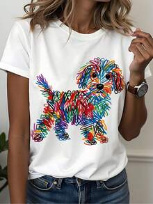 Women's Short Sleeve T-Shirt With Puppy Print And Rainbow Stripes | White Base With Creative Graffiti Style Pet Pattern + Adorable Rejuvenating Design, Loose And Breathable T-Shirt For Pet Lovers, Women's T-Shirt - 黑色 - 查看 7