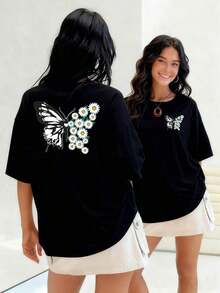 Monarch Butterfly Fused With White Daisies, Women's T-Shirt, 100% Cotton, Symbolizes Transformation, Beauty, And Delicacy-Perfect Balance For Your Everyday Wear. Suitable For Spring, Summer, And Autumn - Black - View 1