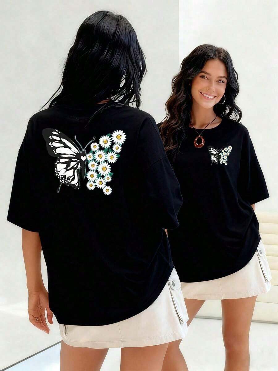 Monarch Butterfly Fused With White Daisies, Women's T-Shirt, 100% Cotton, Symbolizes Transformation, Beauty, And Delicacy-Perfect Balance For Your Everyday Wear. Suitable For Spring, Summer, And Autumn - Black - View 1