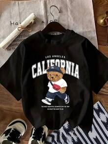 Camiseta de poliéster impresa gráfica de California - Cuello redondo casual, tejido de punto con estiramiento, patrón alfabético, longitud regular, uso para todas las estaciones Camiseta casual unisex con estampado gráfico suelto cuello redondo manga corta primavera verano estilo urbano - Negro - Ver 6