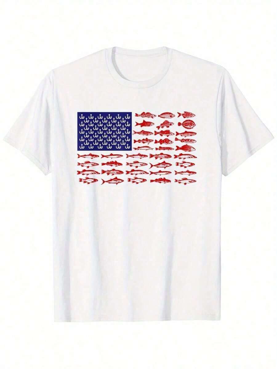 Women's T-Shirt With Fish Print And American Graphics, Casual Summer Tops For Women, Soft, Breathable, Loose-Fitting Cotton T-Shirt For Women, Summer Outfits For Women, Patriotic Streetwear, 4th Of July Clothing. Suitable For Spring, Summer, And Autumn. - 白色 - 查看 1