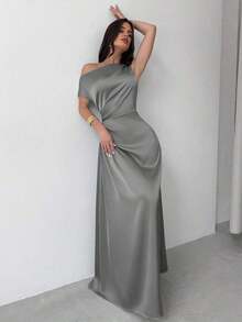 Vestido elegante asimétrico de hombro con pliegues y bajo de cola de sirena en color verde, adecuado para citas, vacaciones, bodas, eventos, regreso a la escuela, graduación, vestido de dama de honor formal, vestidos elegantes para mujer - Gris - Ver 7