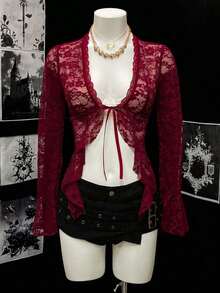 Blusa de mujer con cuello en V de encaje y ribete de encaje en contraste - Burdeos - Ver 8