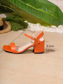 Gentle Style Solid Color Strap Thick Heel Sandals, Square Toe Buckle Closure Summer Casual Women Shoes,Chunky Heels - Orange - View 6