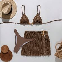 Women's Solid Color Two-Piece Swimsuit, Bikini With A High-End Style And Pure Appeal, Featuring An Adjustable Three-Point Design. - Brown - View 8