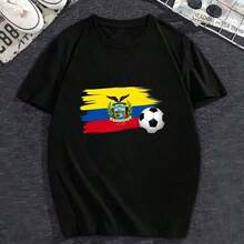 Camiseta de manga corta extragrande negra unisex para mujer, imprescindible para la primavera, con estampado de la bandera nacional de Ecuador y un balón de fútbol, estilo patriótico para aficionados al fútbol ecuatoriano, Copa Mundial 2026, impresión de alta calidad, top informal para ver partidos el día del partido. 
   Camiseta Casual de Cuello Redondo para Uso Diario y Vacaciones - Negro - Ver 2