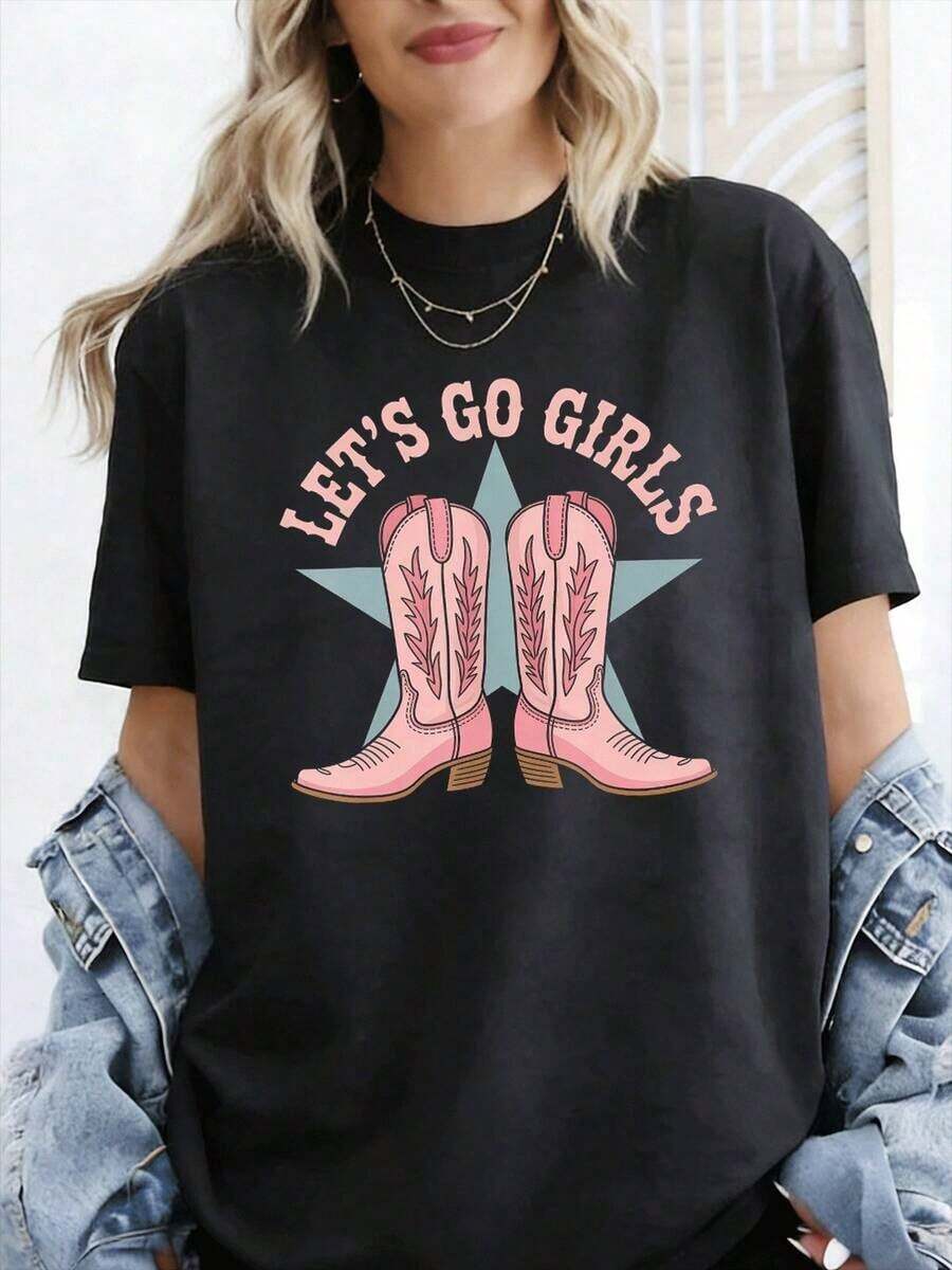 Lets Go S Western Country Style Cow Print T-Shirt, Women's Oversized T-Shirt Y2K, Vintage 2000s Urban Print T-Shirt, 180g, 100% Cotton, Short Sleeve For Summer Vacation For Women - 黑色 - 查看 1