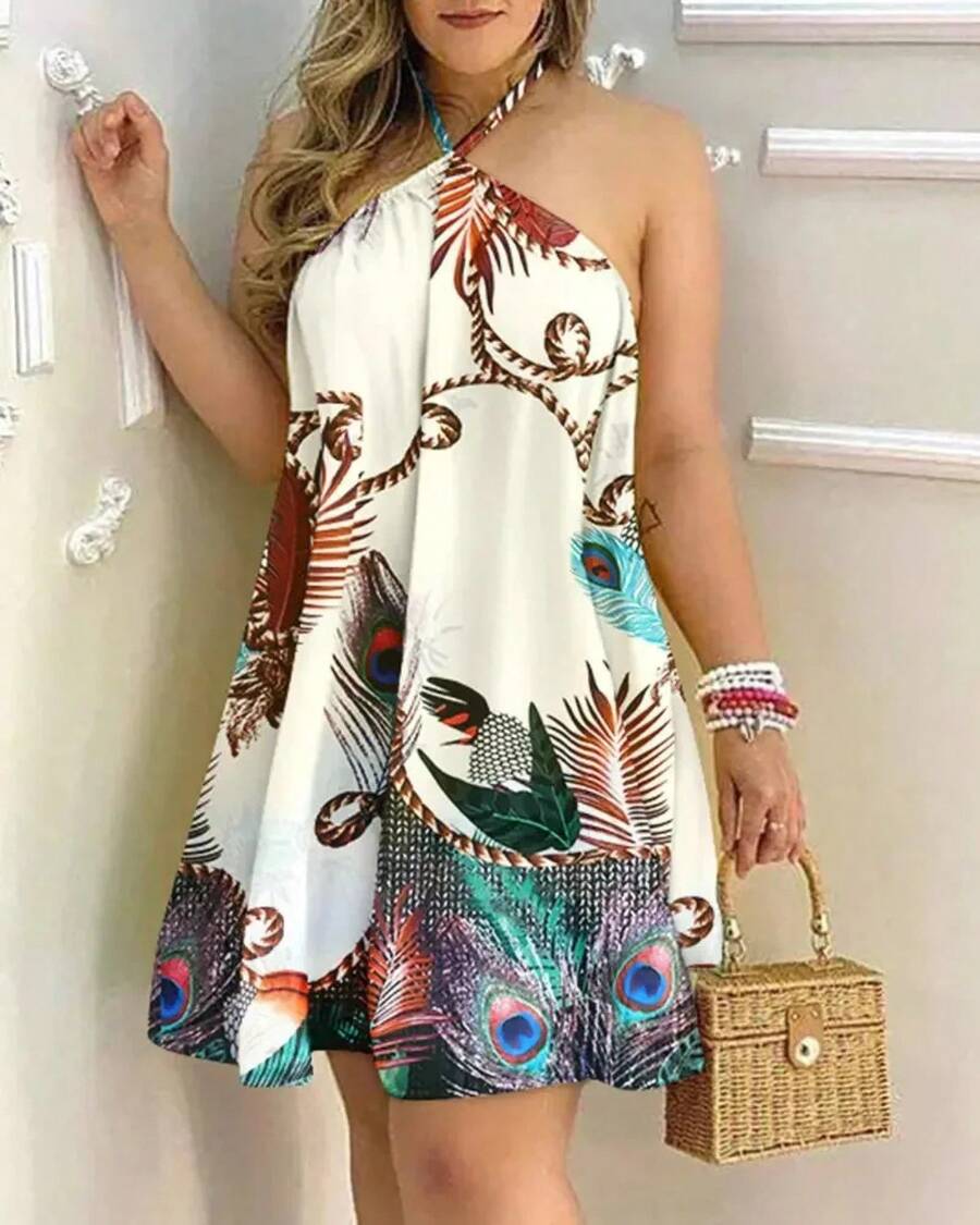 Vestido con cuello halter y estampado floral Vestido halter sin espalda bohemio para primavera y verano Ropa de mujer - Caqui - Ver 1