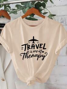 1 Women's Short Sleeve Summer T-Shirt - 2D Geometric Airplane Design With "Travel Is My Therapy" Print. Modern Urban Style. | Youthful Design | Comfortable Fit, Beautiful Clothing. A Very Distinctive Printed T-Shirt / Unisex Style / Suitable For Both Men And Women / Wrinkle-Resistant / Breathable - 黑色 - 查看 8