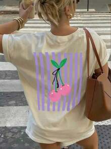 Women's Sets: Sexy Fitted Short-Sleeved T-Shirt With Round Neck And Cherry Purple Stripes, Casual Summer Top For Parties And Clubs, Women's T-Shirts. - 杏色 - 查看 3
