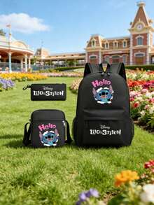 Bộ 3 món balo Disney Lilo & Stitch, balo in hình "Hello Stitch" kèm túi đeo chéo và hộp bút, balo đen kiểu dáng thường ngày dành cho thanh thiếu niên. - Bộ sản phẩm kết hợp Stitch Series - Xem 3