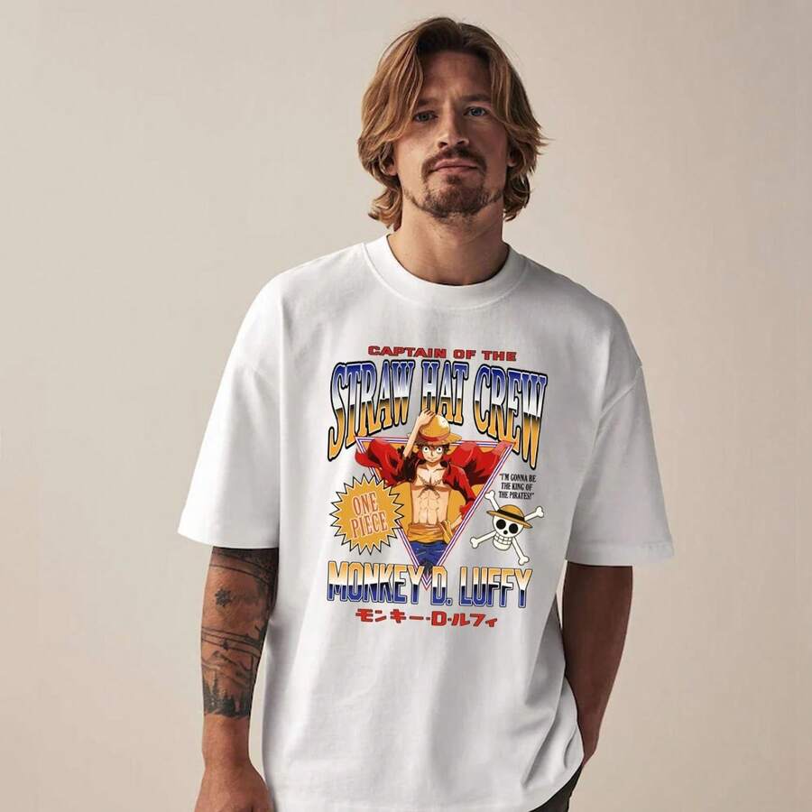 Camiseta de manga corta estilo urbano con estampado de tripulación pirata de anime T1EE CaptainInspired, 220 g, de algodón puro, para hombre y mujer. Tejido grueso, resistente a las arrugas y que no se deforma fácilmente. Estilo sencillo y versátil, ligero y transpirable, perfecto para ir al trabajo, viajar, acampar, ir de compras y para el tiempo libre diario. - Blanco - Ver 1