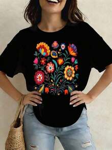 Women's Casual Mexican T-Shirt With Floral Print, Lightweight, Round Neck And Short Sleeve For Summer, Summer Vacation Clothes, Suitable For Festivals And Daily Wear. - 黑色 - 查看 8