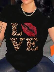 Camiseta Casual de Mujer con Estampado de Leopardo y Diseño de Labios - Manga Corta, Cuello Redondo Semi-Transparente con XOXO & #sagreatthing, Tejido Elástico Lavable a Máquina para Todas las Estaciones, Camiseta de Declaración, Material Medio Elástico 1  Sexy  Casual  Dulce  Fiesta  Elegante    Alta elasticidad  Playa  Noche de fiesta  Vacaciones  Boda  Oficina  Casa  Deportivo  Despedida de soltera  regreso a casa  Sesión de fotos    verano - Negro - Ver 6